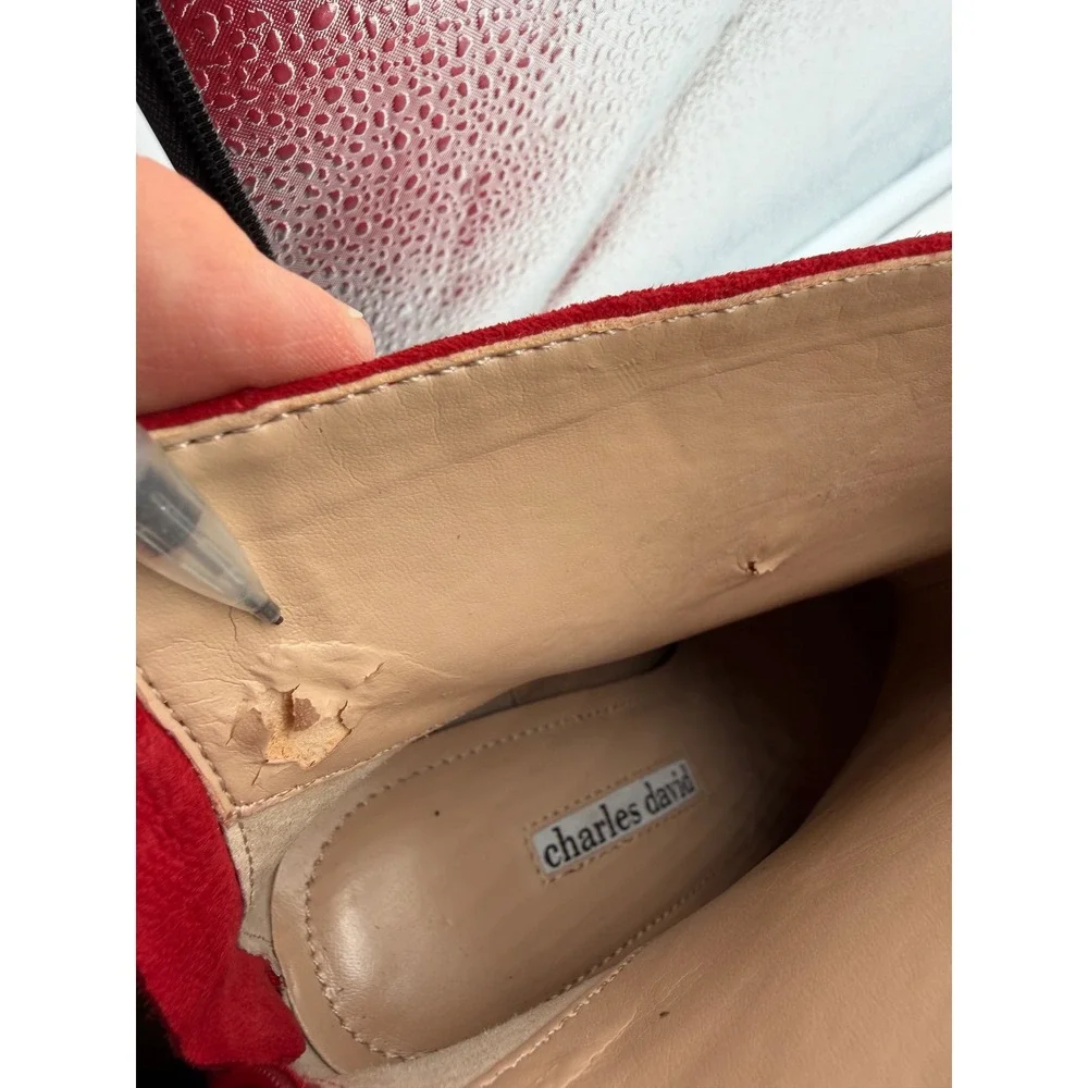 Charles David Ankle Boots Women 7.5 Red Good Block Heel Pointed Toe Zipper